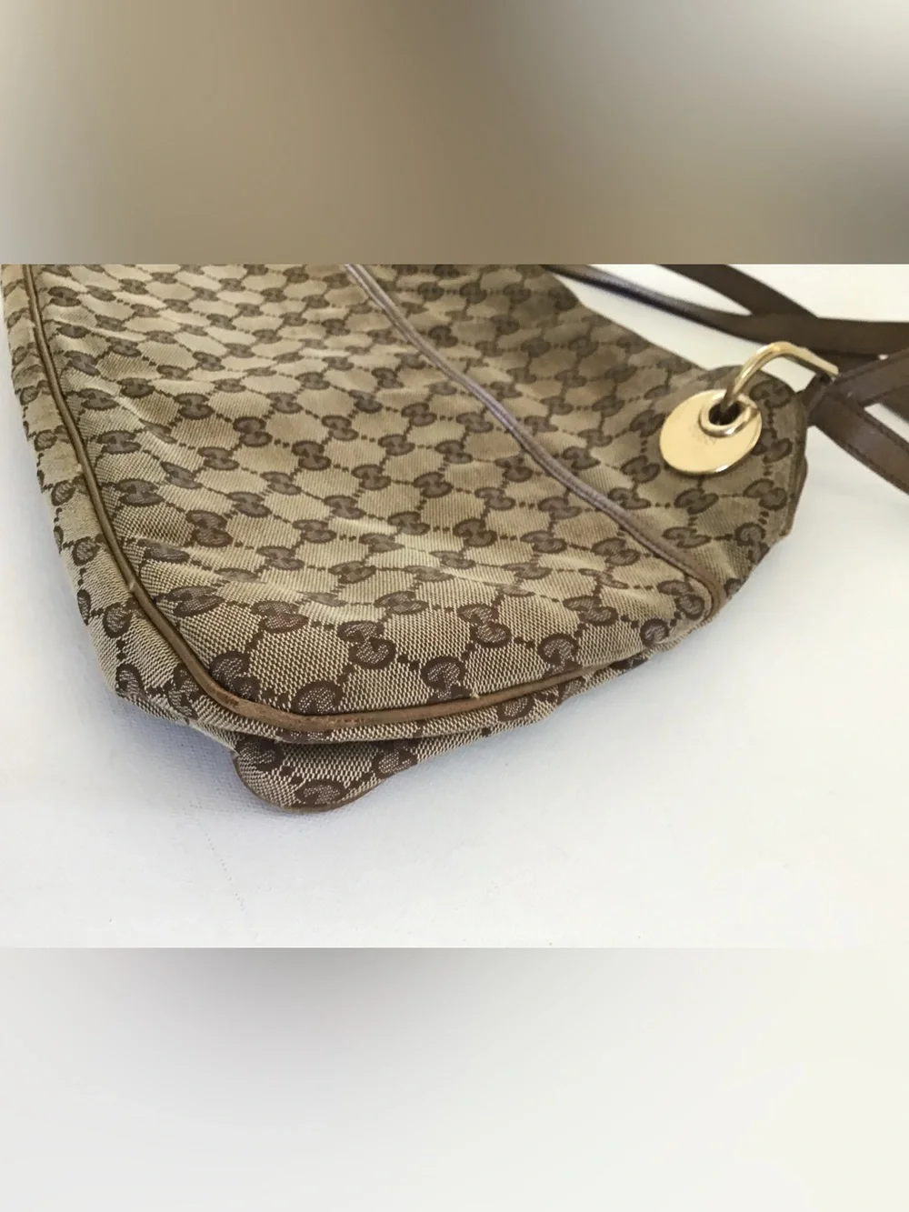 Gucci GG Canvas Eclipse Shoulder Bag Beige Brown Monogram Leather Trim Italy - Picture 4 of 15
